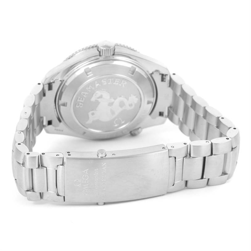 The image shows the back view of an Omega Planet Ocean 2209.50.00 Men
s Stainless Steel Black Dial 2209.50.00 Men
s Stainless Steel Black Dial watch, highlighting the case back and metal bracelet.