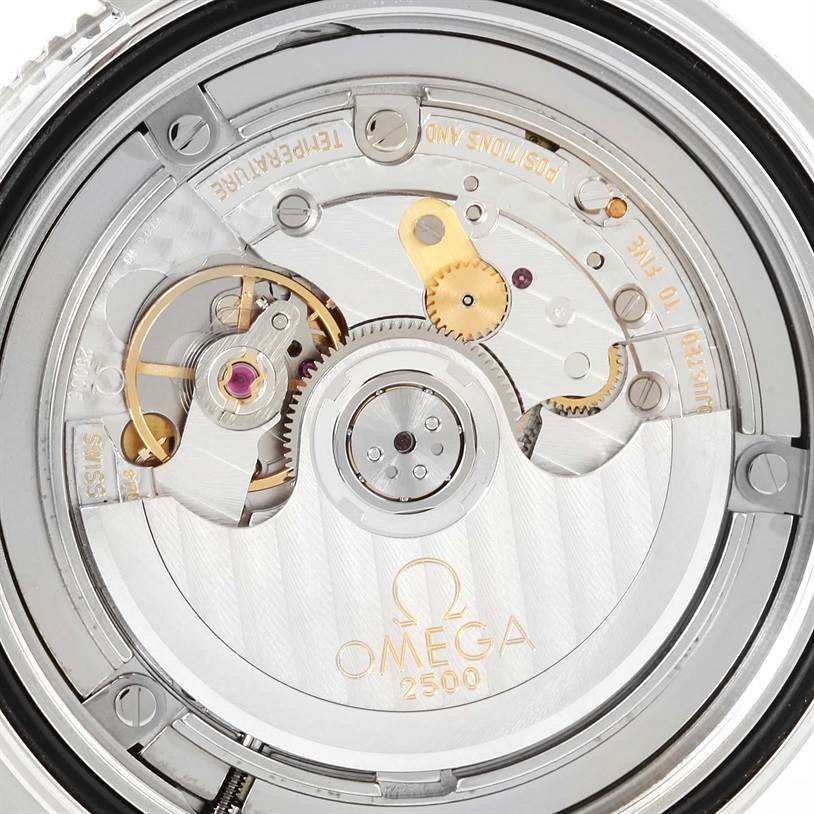 This image shows the intricate internal mechanics and the back view of the Omega Planet Ocean 2209.50.00 Men
s Stainless Steel Black Dial 2209.50.00 Men
s Stainless Steel Black Dial watch, focusing on the movement labeled "Omega 2500."