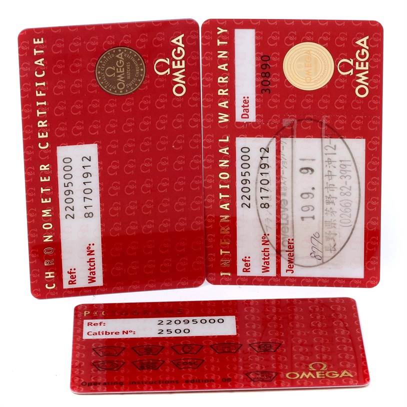 The image shows the chronometer certificate, international warranty card, and model identification card for the Omega Planet Ocean 2209.50.00 Men
s Stainless Steel Black Dial 2209.50.00 Men
s Stainless Steel Black Dial watch.