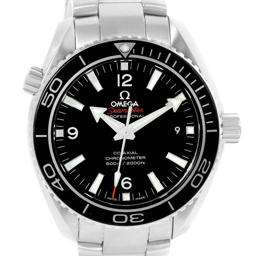 This image shows a front view of an Omega Planet Ocean 232.30.42.21.01.001 Men
s Stainless Steel Black Dial 232.30.42.21.01.001 Men
s Stainless Steel Black Dial Seamaster model watch, highlighting the dial, bezel, and stainless steel bracelet.