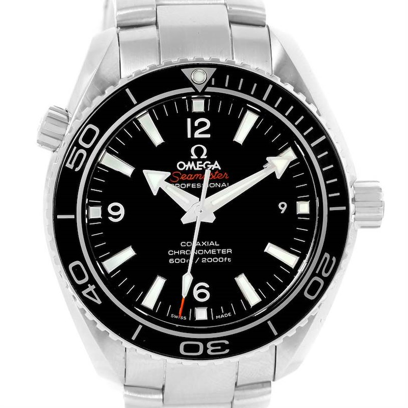 This image shows a front view of an Omega Planet Ocean Seamaster model watch, highlighting the dial, bezel, and stainless steel bracelet.