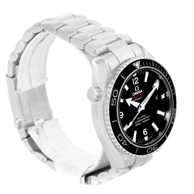 The image shows a side and front view of an Omega Planet Ocean 232.30.42.21.01.001 Men
s Stainless Steel Black Dial 232.30.42.21.01.001 Men
s Stainless Steel Black Dial watch, displaying its dial, bezel, crown, and bracelet.