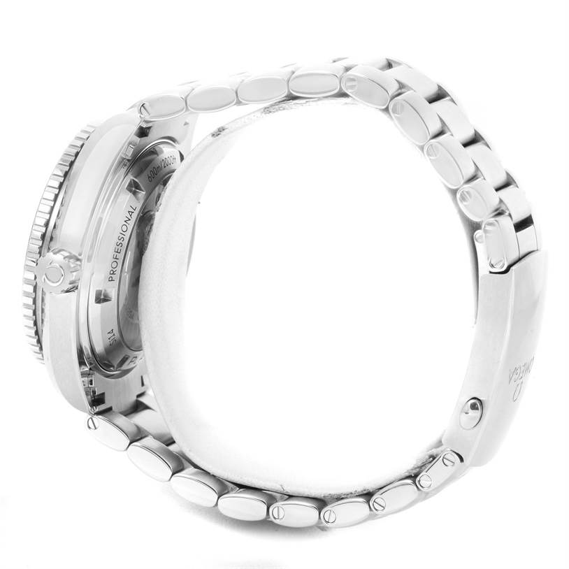 This image shows a side view of the Omega Planet Ocean 232.30.42.21.01.001 Men
s Stainless Steel Black Dial 232.30.42.21.01.001 Men
s Stainless Steel Black Dial watch, highlighting the back case, crown, and bracelet.