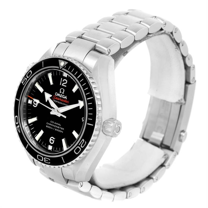 The image shows an Omega Planet Ocean 232.30.42.21.01.001 Men
s Stainless Steel Black Dial 232.30.42.21.01.001 Men
s Stainless Steel Black Dial watch at a slight three-quarter angle, displaying the face, bezel, case, and part of the bracelet.