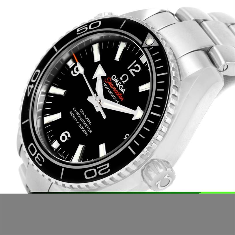 The image shows a close-up of the Omega Planet Ocean 232.30.42.21.01.001 Men
s Stainless Steel Black Dial 232.30.42.21.01.001 Men
s Stainless Steel Black Dial watch at an oblique angle, highlighting its bezel, dial, and bracelet.