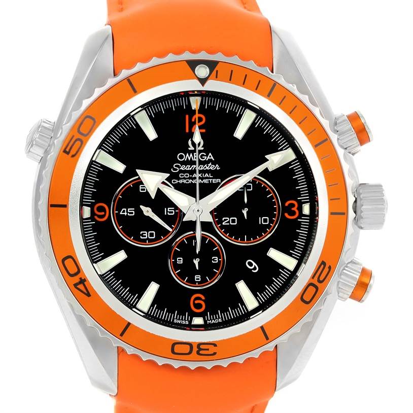 The Omega Planet Ocean 2918.50.38 Men
s Stainless Steel Black Dial 2918.50.38 Men
s Stainless Steel Black Dial watch is shown from the front, highlighting its orange bezel, black dial, and orange strap.