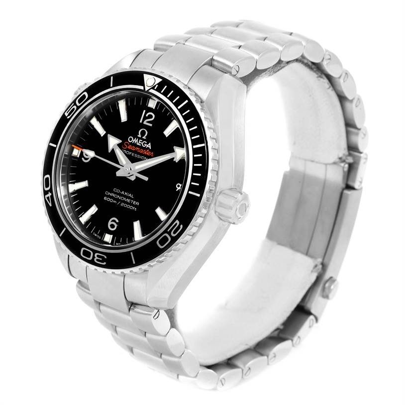 The image shows an Omega Planet Ocean 232.30.42.21.01.003 Men
s Stainless Steel Black Dial 232.30.42.21.01.003 Men
s Stainless Steel Black Dial watch at a three-quarter angle, displaying the bezel, dial, crown, and stainless steel bracelet.