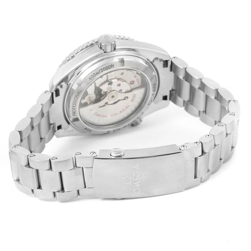 The image shows the back view of an Omega Planet Ocean 232.30.42.21.01.003 Men
s Stainless Steel Black Dial 232.30.42.21.01.003 Men
s Stainless Steel Black Dial watch, highlighting the open case back, clasp, and bracelet.