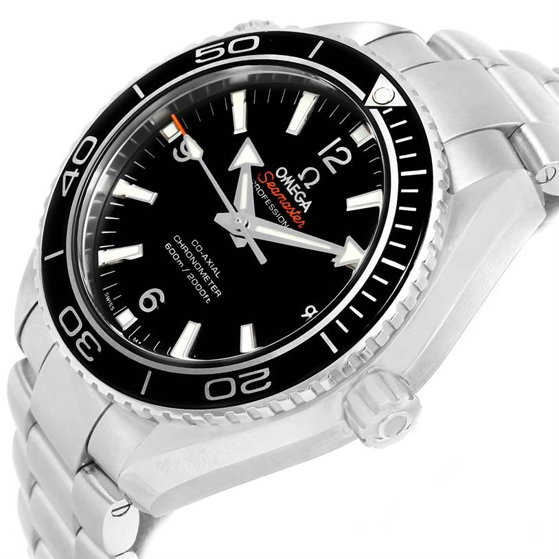 The image shows an angled close-up of the Omega Planet Ocean 232.30.42.21.01.003 Men
s Stainless Steel Black Dial 232.30.42.21.01.003 Men
s Stainless Steel Black Dial watch, highlighting the dial, bezel, crown, and part of the bracelet.