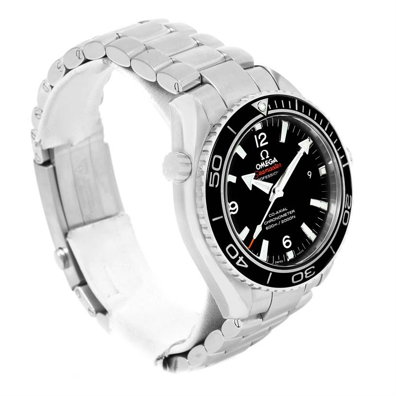 The image displays an Omega Planet Ocean 232.30.42.21.01.003 Men
s Stainless Steel Black Dial 232.30.42.21.01.003 Men
s Stainless Steel Black Dial watch at a three-quarter angle, showcasing its face, bezel, and metal bracelet.