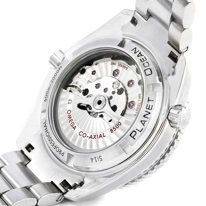 This image shows the back view of the Omega Planet Ocean 232.30.42.21.01.003 Men
s Stainless Steel Black Dial 232.30.42.21.01.003 Men
s Stainless Steel Black Dial watch, highlighting its Co-Axial 8500 movement.