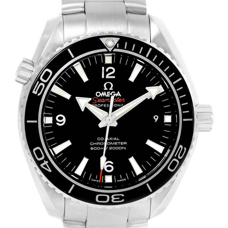 The Omega Planet Ocean watch is shown from a frontal angle with a clear view of its dial, bezel, and bracelet.