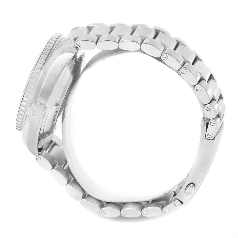 This side view of the Omega Planet Ocean 232.30.42.21.01.003 Men
s Stainless Steel Black Dial 232.30.42.21.01.003 Men
s Stainless Steel Black Dial watch shows its steel case and bracelet links.