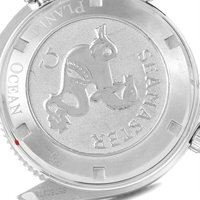 The image shows the case back of the Omega Planet Ocean 2201.50.00 Men
s Stainless Steel Black Dial 2201.50.00 Men
s Stainless Steel Black Dial watch featuring the Seamaster logo.