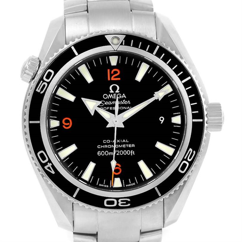 This image shows the front view of the Omega Planet Ocean watch, highlighting its dial, bezel, and stainless steel bracelet.