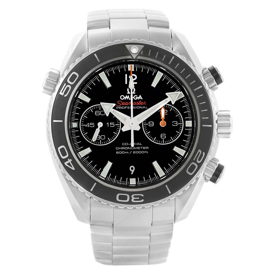 This image shows a front view of the Omega Planet Ocean 232.30.46.51.01.001 Men
s Stainless Steel Black Dial 232.30.46.51.01.001 Men
s Stainless Steel Black Dial model watch, displaying its dial, bezel, and stainless steel bracelet.