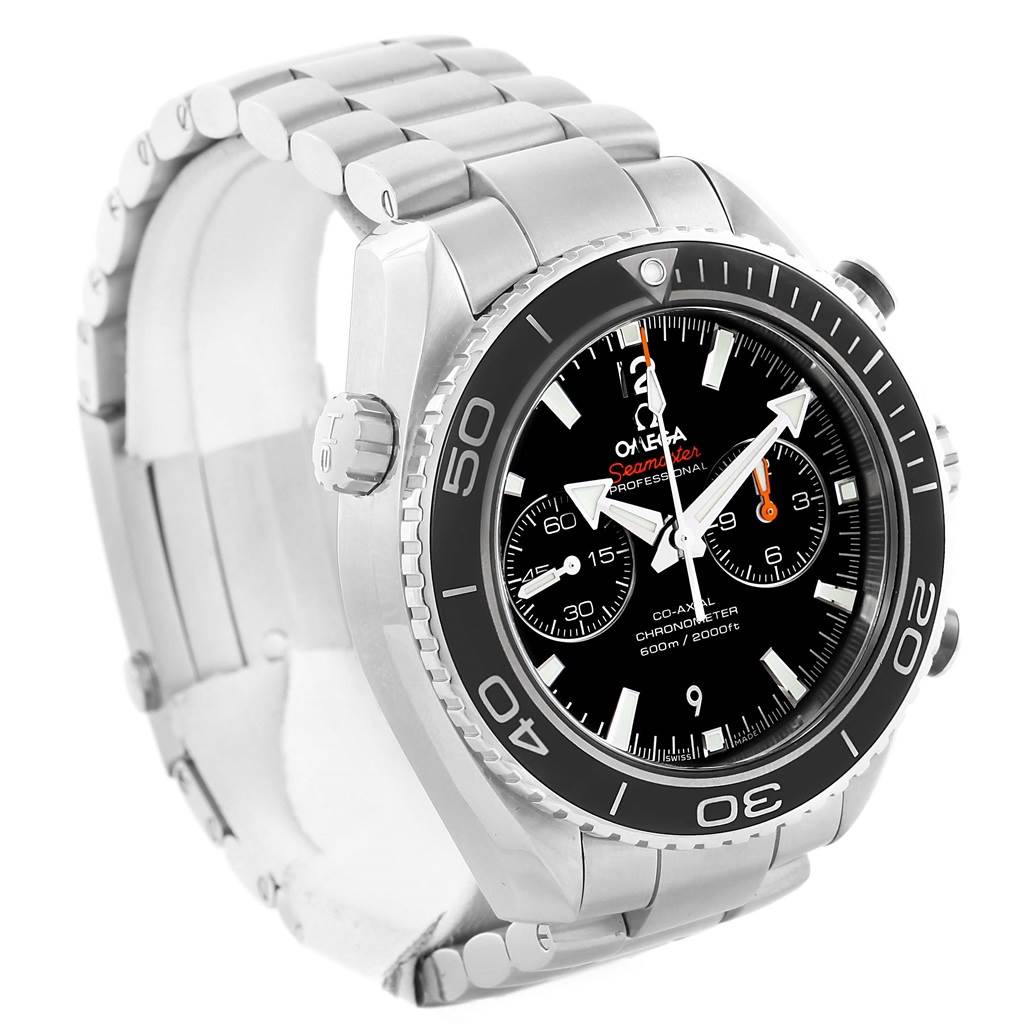 The image shows an Omega Planet Ocean 232.30.46.51.01.001 Men
s Stainless Steel Black Dial 232.30.46.51.01.001 Men
s Stainless Steel Black Dial watch at a slight side angle, highlighting the watch face, bezel, and metal bracelet.