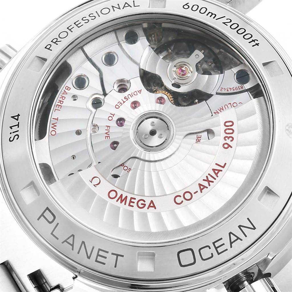 The image shows the back of the Omega Planet Ocean 232.30.46.51.01.001 Men
s Stainless Steel Black Dial 232.30.46.51.01.001 Men
s Stainless Steel Black Dial watch, highlighting the inner mechanical parts and co-axial movement mechanism.