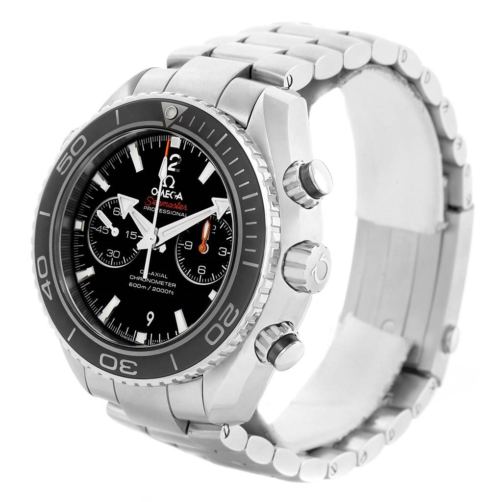 The image shows an angled view of the Omega Planet Ocean 232.30.46.51.01.001 Men
s Stainless Steel Black Dial 232.30.46.51.01.001 Men
s Stainless Steel Black Dial watch, highlighting the bezel, crown, pushers, and bracelet.