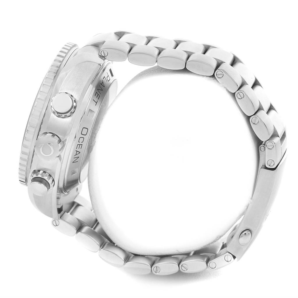 This side view of the Omega Planet Ocean 232.30.46.51.01.001 Men
s Stainless Steel Black Dial 232.30.46.51.01.001 Men
s Stainless Steel Black Dial watch features its crown, pushers, and stainless steel bracelet.