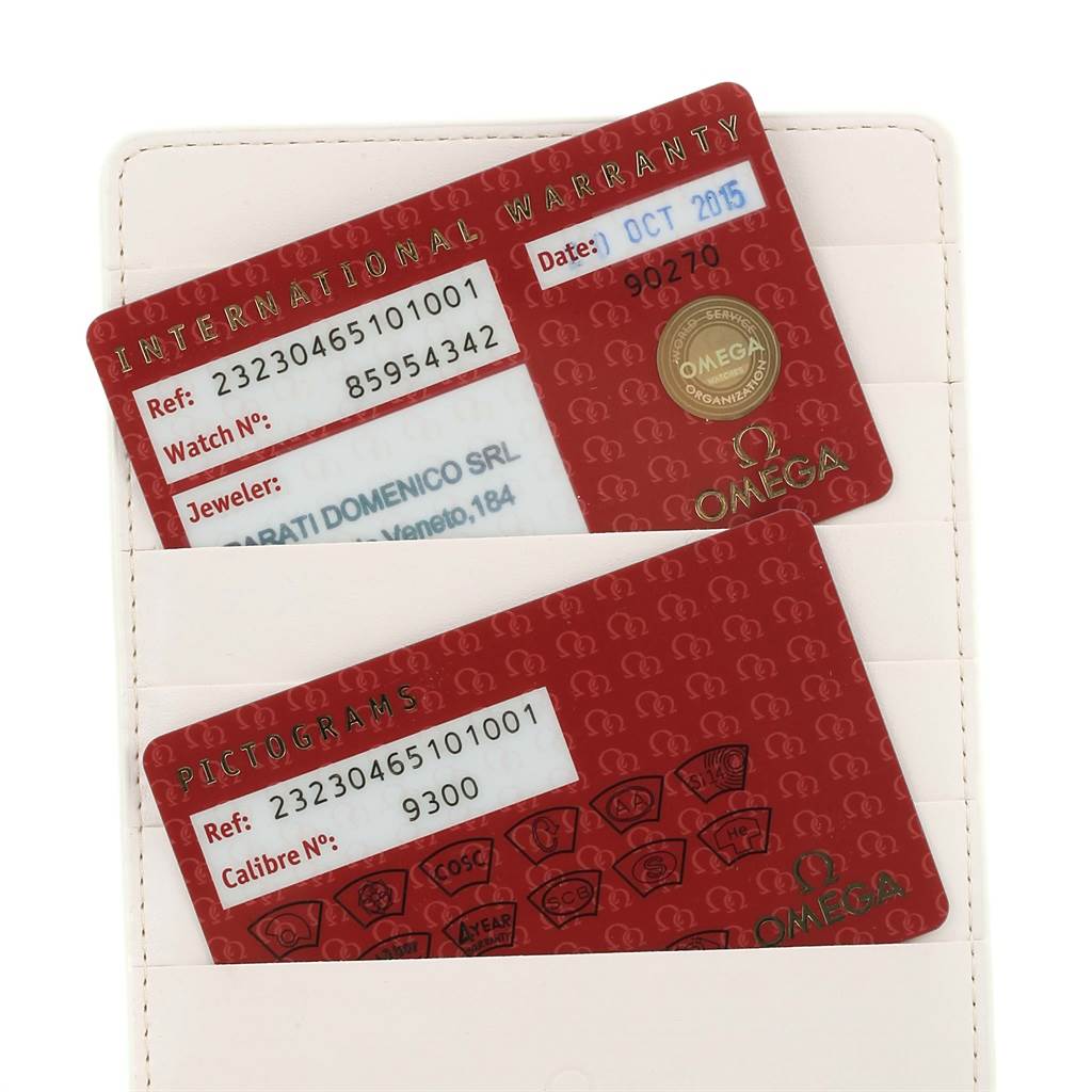 The image shows the International Warranty and Pictograms cards for the Omega Planet Ocean 232.30.46.51.01.001 Men
s Stainless Steel Black Dial 232.30.46.51.01.001 Men
s Stainless Steel Black Dial watch.