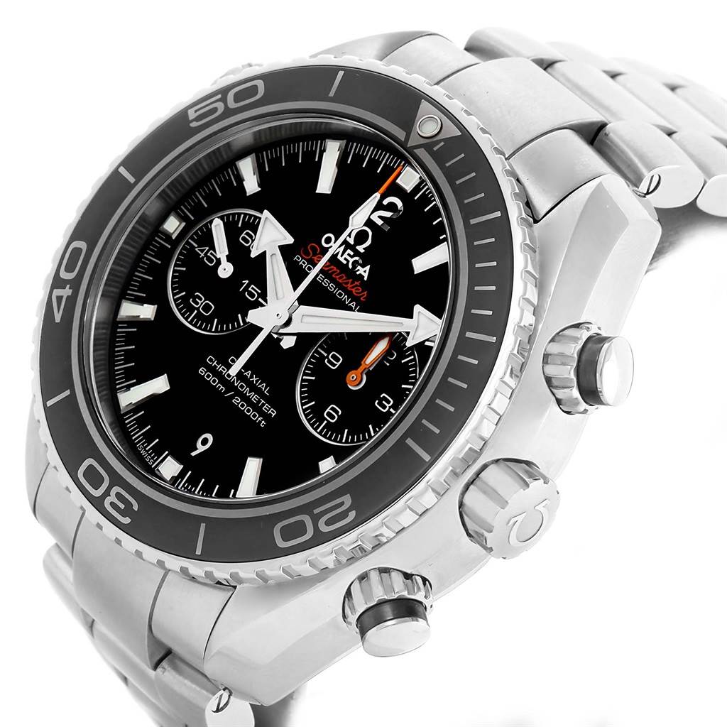 The image shows an angled view of the Omega Planet Ocean 232.30.46.51.01.001 Men
s Stainless Steel Black Dial 232.30.46.51.01.001 Men
s Stainless Steel Black Dial watch, highlighting the bezel, dial, crown, and part of the bracelet.