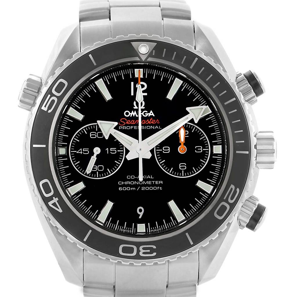 The image shows a front view of the Omega Planet Ocean 232.30.46.51.01.001 Men
s Stainless Steel Black Dial 232.30.46.51.01.001 Men
s Stainless Steel Black Dial model watch, highlighting the dial, bezel, and stainless steel bracelet.