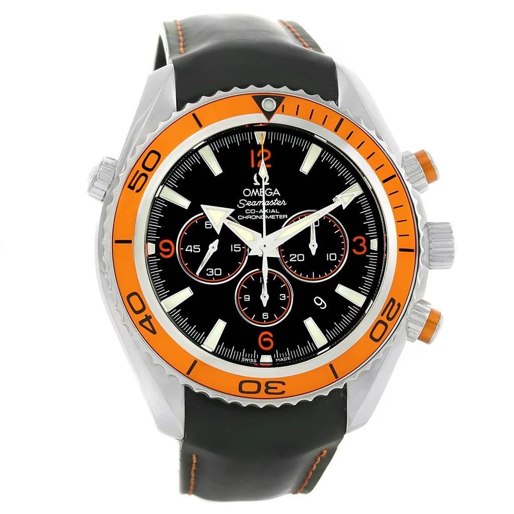 The Omega Planet Ocean 2918.50.82 Men
s Stainless Steel Black Dial 2918.50.82 Men
s Stainless Steel Black Dial watch is shown from the front, highlighting its black dial, orange bezel, and black strap with orange stitching.