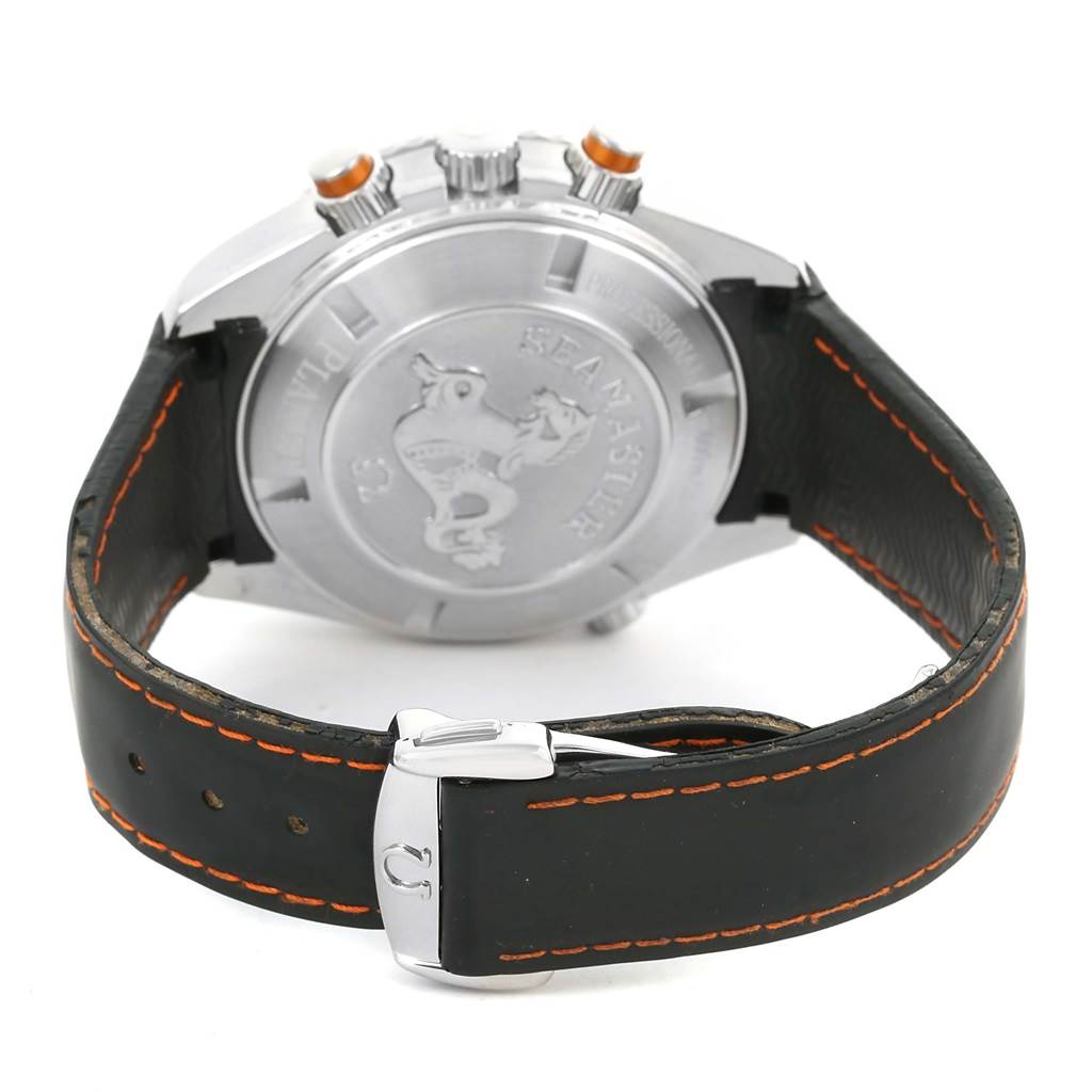 The image shows the back view of an Omega Planet Ocean 2918.50.82 Men
s Stainless Steel Black Dial 2918.50.82 Men
s Stainless Steel Black Dial watch, highlighting the case back, crown, and strap with orange stitching.