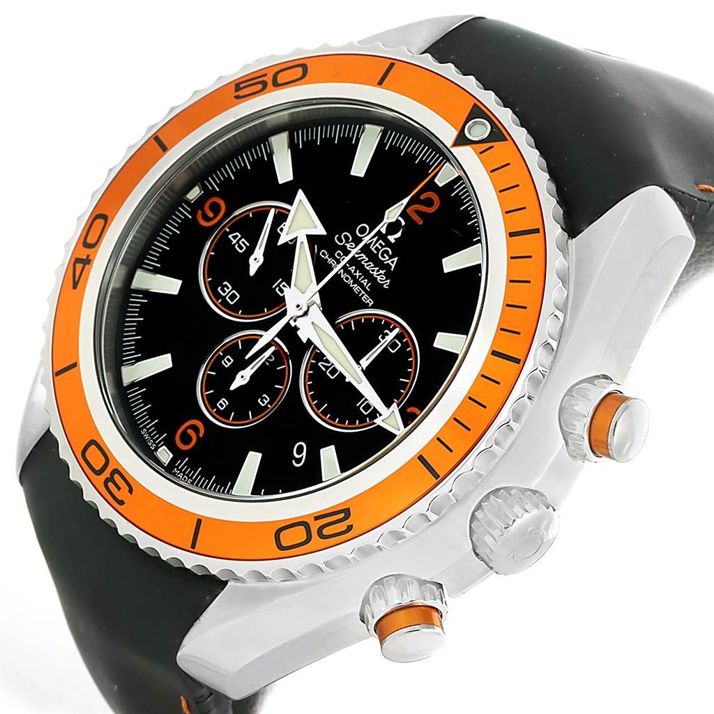 The image shows an angled side view of an Omega Planet Ocean 2918.50.82 Men
s Stainless Steel Black Dial 2918.50.82 Men
s Stainless Steel Black Dial watch, highlighting the face, bezel, and crown.