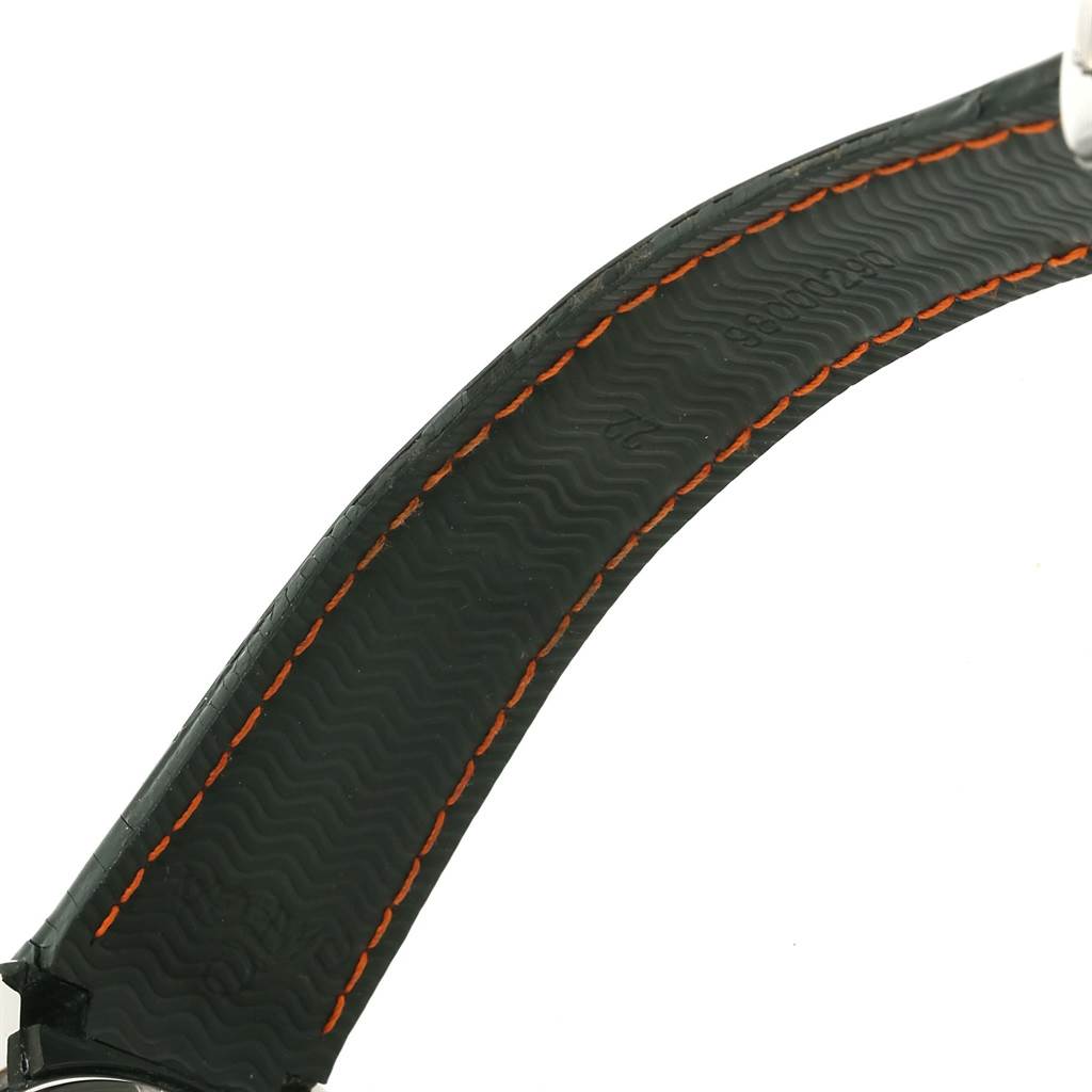 The image shows the underside of the strap of an Omega Planet Ocean 2918.50.82 Men
s Stainless Steel Black Dial 2918.50.82 Men
s Stainless Steel Black Dial watch, highlighting the stitching detail.