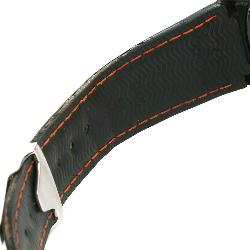This image shows the underside of the black strap with orange stitching of an Omega Planet Ocean 2918.50.82 Men
s Stainless Steel Black Dial 2918.50.82 Men
s Stainless Steel Black Dial watch, including its buckle.