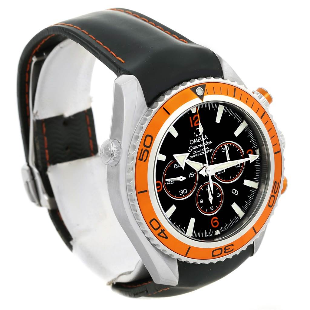 The Omega Planet Ocean 2918.50.82 Men
s Stainless Steel Black Dial 2918.50.82 Men
s Stainless Steel Black Dial watch is shown at a side-facing angle highlighting its black dial, orange bezel, and black strap.