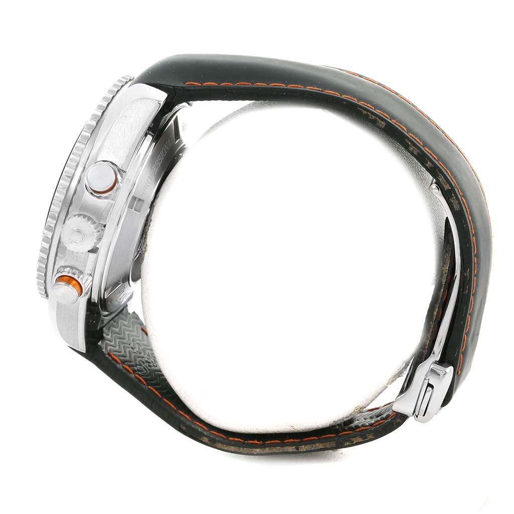 This side view of the Omega Planet Ocean 2918.50.82 Men
s Stainless Steel Black Dial 2918.50.82 Men
s Stainless Steel Black Dial watch shows the stainless steel case, pushers, crown, and black strap with orange stitching.