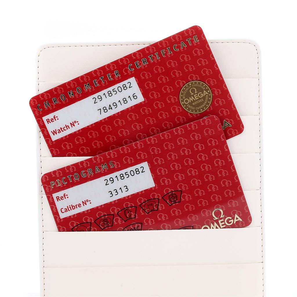 This image shows the warranty cards for an Omega Planet Ocean 2918.50.82 Men
s Stainless Steel Black Dial 2918.50.82 Men
s Stainless Steel Black Dial watch placed inside a white cardholder.