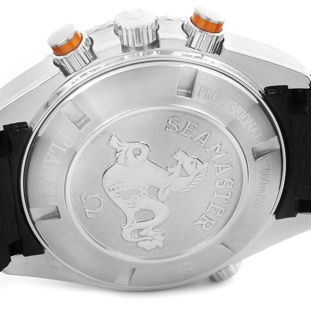 The image shows the back case and side view of an Omega Planet Ocean 2918.50.82 Men
s Stainless Steel Black Dial 2918.50.82 Men
s Stainless Steel Black Dial watch, highlighting the Seamaster engraving and crown.