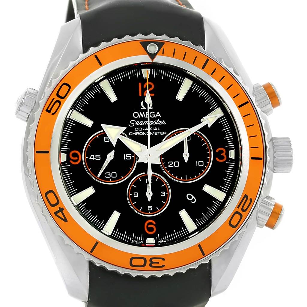 The image shows a frontal view of the Omega Planet Ocean 2918.50.82 Men
s Stainless Steel Black Dial 2918.50.82 Men
s Stainless Steel Black Dial Seamaster watch, highlighting its black dial, orange bezel, and chronograph sub-dials.