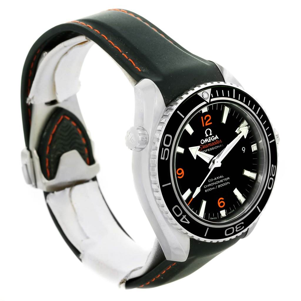 This image shows an Omega Planet Ocean 232.30.42.21.01.003 Men
s Stainless Steel Black Dial 232.30.42.21.01.003 Men
s Stainless Steel Black Dial watch angled to display its face, bezel, crown, and part of its black strap.