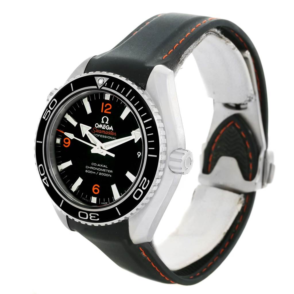 The image shows the front and side of the Omega Planet Ocean 232.30.42.21.01.003 Men
s Stainless Steel Black Dial 232.30.42.21.01.003 Men
s Stainless Steel Black Dial watch, highlighting the bezel, dial, and strap.