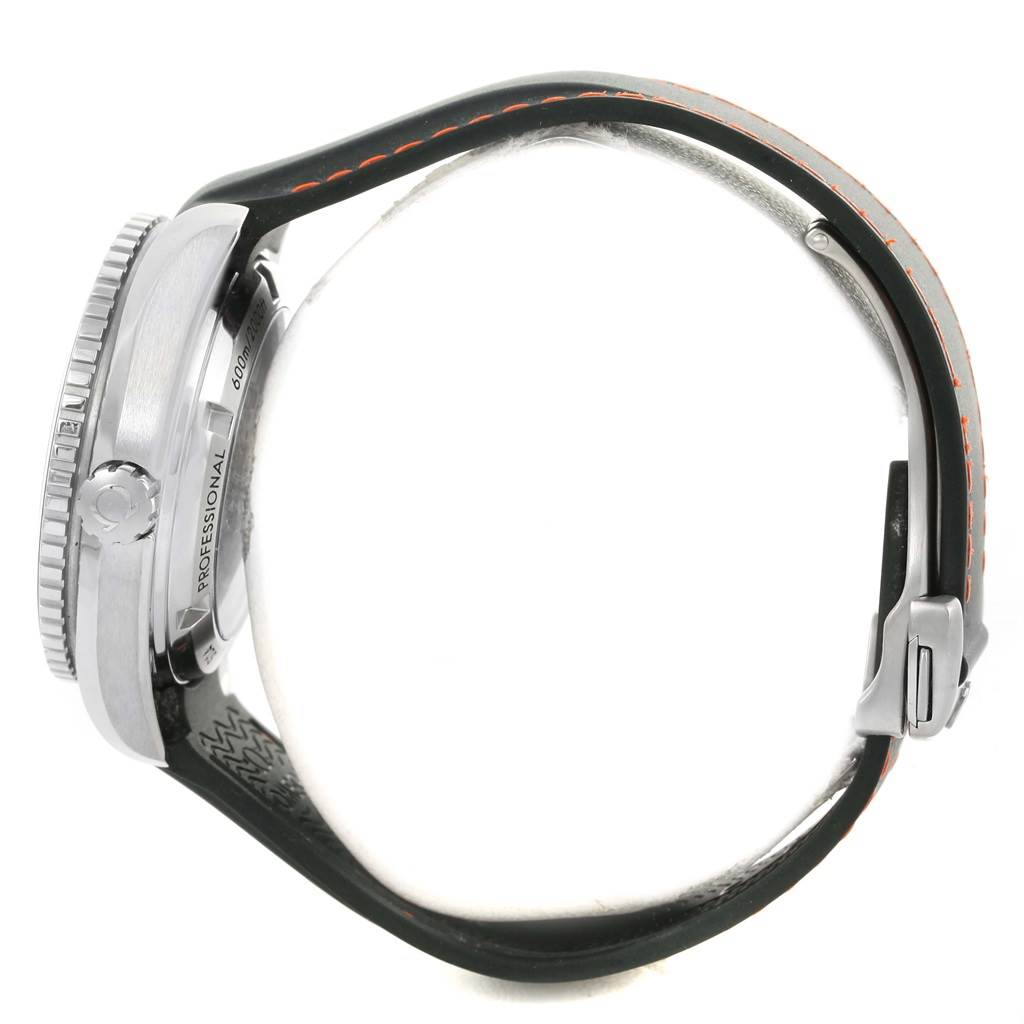 The image shows a side view of the Omega Planet Ocean 232.30.42.21.01.003 Men
s Stainless Steel Black Dial 232.30.42.21.01.003 Men
s Stainless Steel Black Dial watch, highlighting its case, crown, and band.