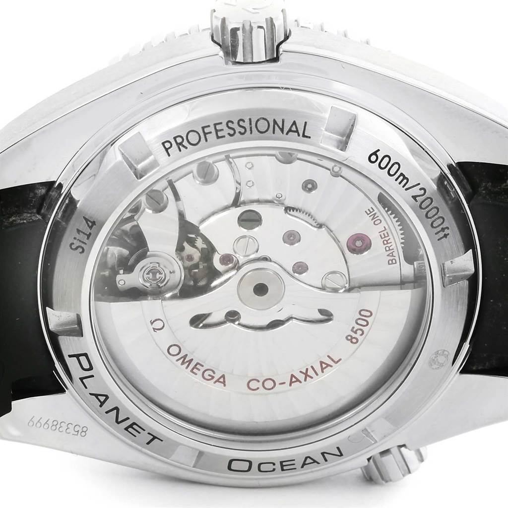 This image shows the back view of an Omega Planet Ocean 232.30.42.21.01.003 Men
s Stainless Steel Black Dial 232.30.42.21.01.003 Men
s Stainless Steel Black Dial watch, highlighting the internal mechanism and engravings.