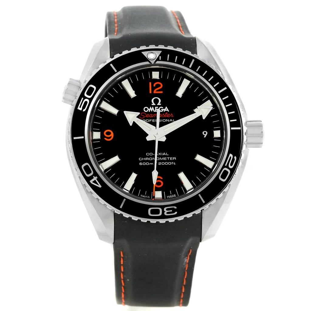 The image shows a front view of the Omega Planet Ocean 232.30.42.21.01.003 Men
s Stainless Steel Black Dial 232.30.42.21.01.003 Men
s Stainless Steel Black Dial watch, showcasing its dial, bezel, strap, and crown.