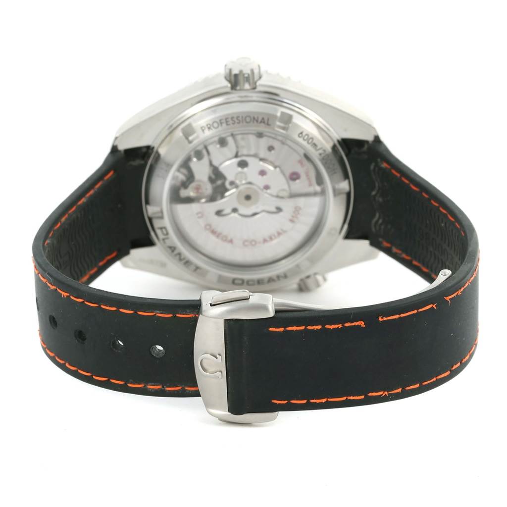 The image shows the back view of an Omega Planet Ocean 232.30.42.21.01.003 Men
s Stainless Steel Black Dial 232.30.42.21.01.003 Men
s Stainless Steel Black Dial watch, highlighting the transparent case back and the strap with a buckle.