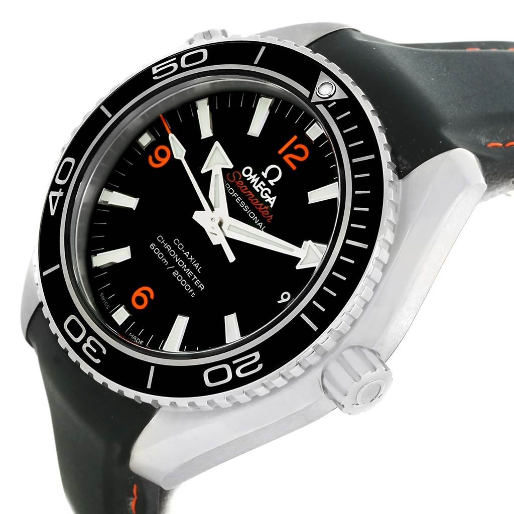 The image shows an Omega Planet Ocean 232.30.42.21.01.003 Men
s Stainless Steel Black Dial 232.30.42.21.01.003 Men
s Stainless Steel Black Dial watch at a 3/4 angle, highlighting the face, bezel, and crown.