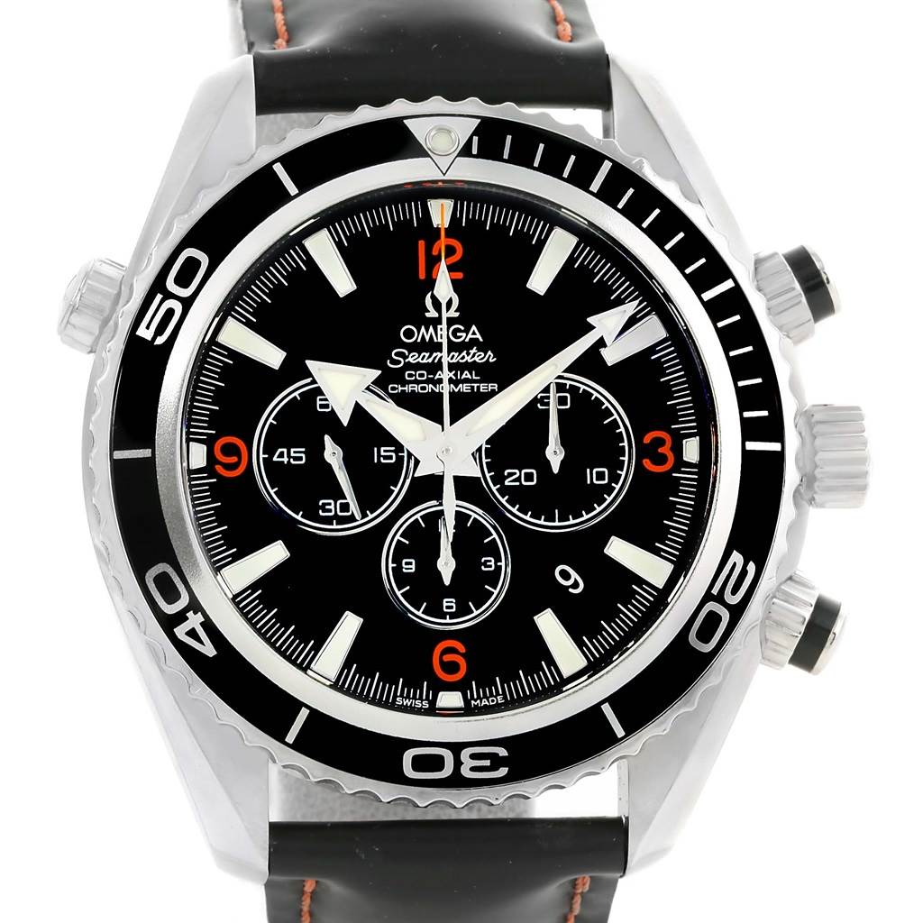 The Omega Planet Ocean 2910.51.82 Men's Stainless Steel Black Dial 2910.51.82 Men's Stainless Steel Black Dial watch is shown in a frontal angle, detailing its bezel, dial, subdials, and crown.