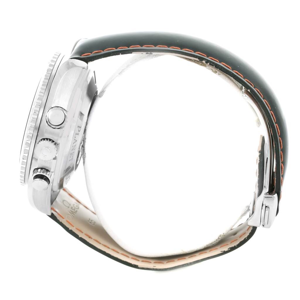 The image shows the side view of the Planet Ocean model by Omega, highlighting the crown, pushers, and strap.