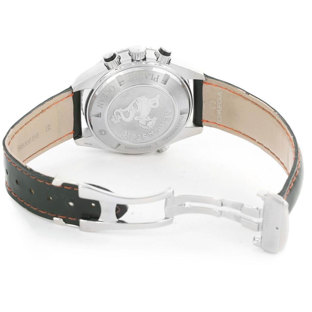 The image shows the back view of an Omega Planet Ocean 2910.51.82 Men's Stainless Steel Black Dial 2910.51.82 Men's Stainless Steel Black Dial watch, highlighting the case back, strap, and clasp.