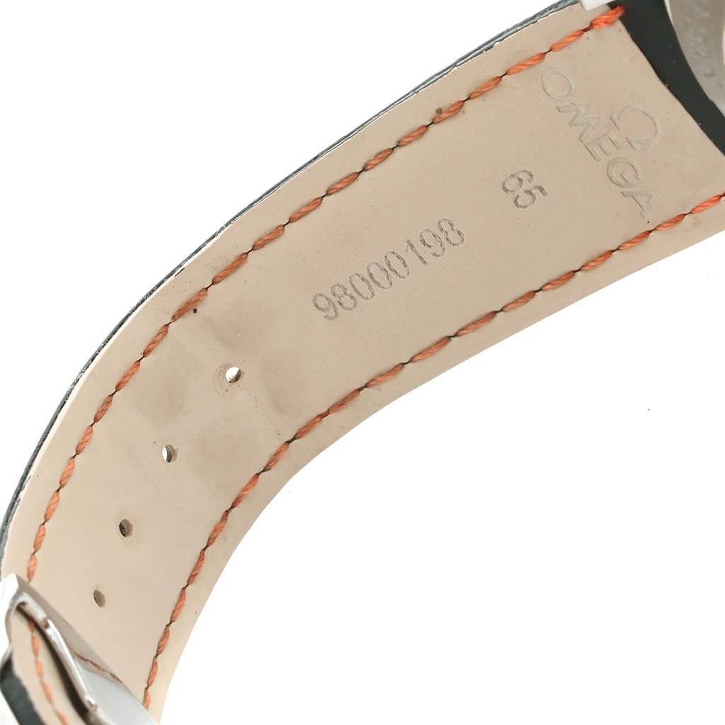 The image shows the inner side of the leather band of the Omega Planet Ocean 2910.51.82 Men's Stainless Steel Black Dial 2910.51.82 Men's Stainless Steel Black Dial watch with visible stitching and imprints.