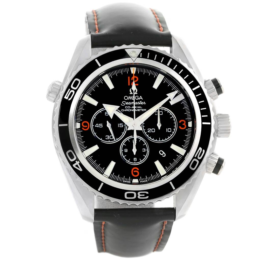 The image shows a front view of the Omega Seamaster Planet Ocean watch, displaying its black dial, bezel, and leather strap with orange stitching.