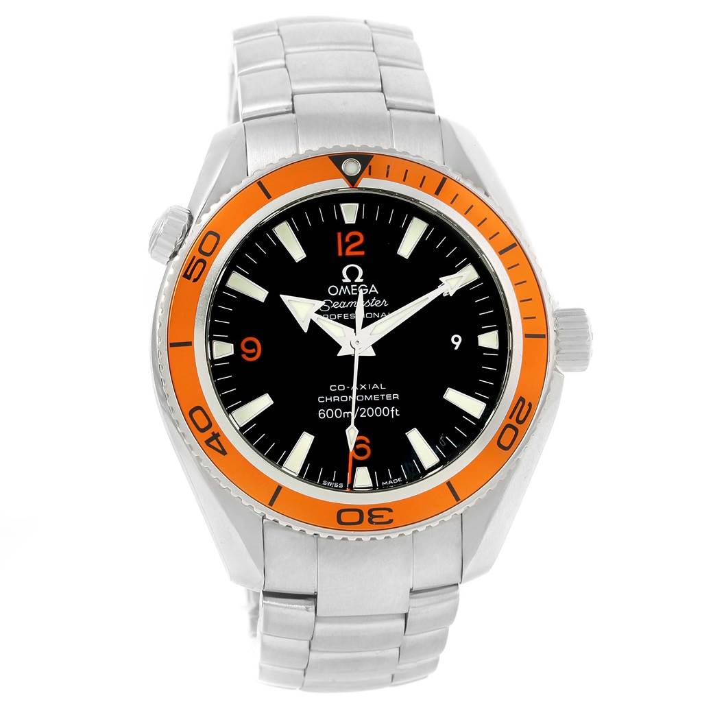 This image shows a front view of the Omega Planet Ocean 2209.50.00 Men
s Stainless Steel Black Dial 2209.50.00 Men
s Stainless Steel Black Dial watch, displaying its orange bezel, black dial, markers, and bracelet.